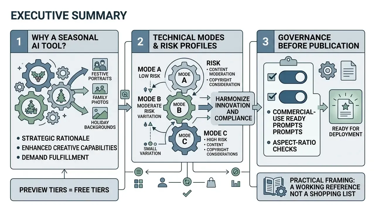 Infographic showing three steps for managing an AI christmas photo generator from strategy to governance
