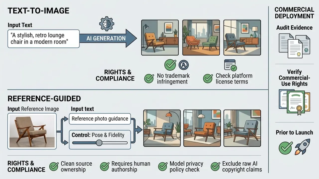 Diagram showing compliance workflows for text-to-image and reference-guided AI image generation