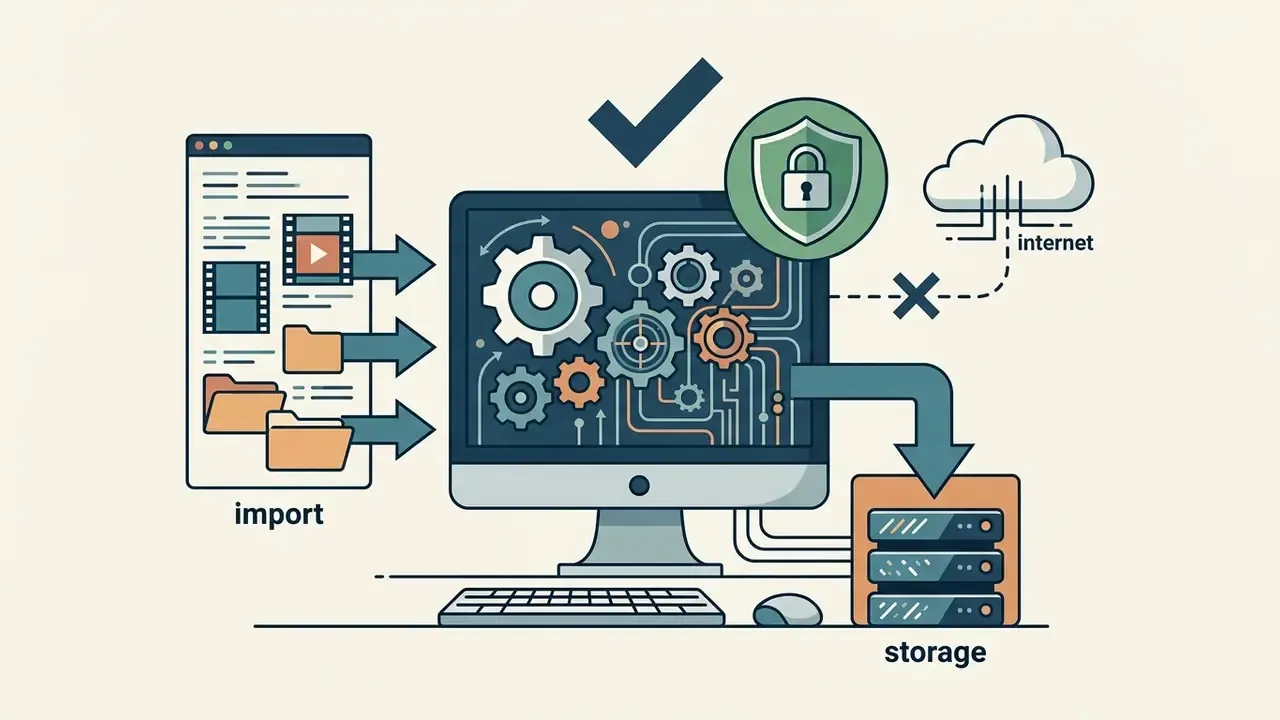 Desktop computer processing files locally with a security shield icon and no internet connection
