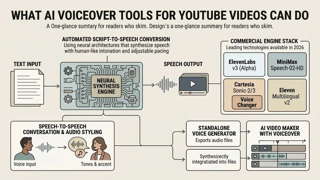 Diagram showing neural synthesis engines converting text and speech into audio for AI video production