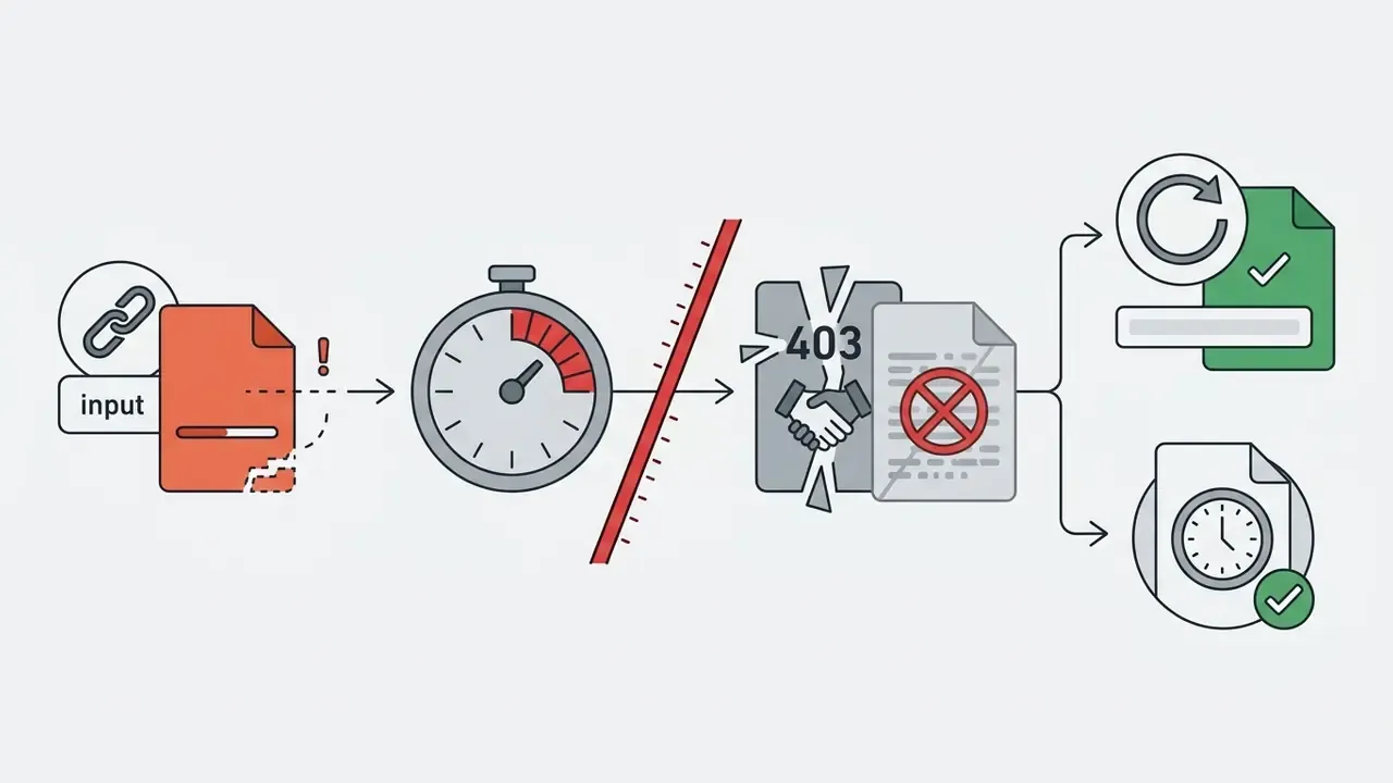 Visual sequence showing a link timeout leading to a 403 error and the steps to refresh or retry the request