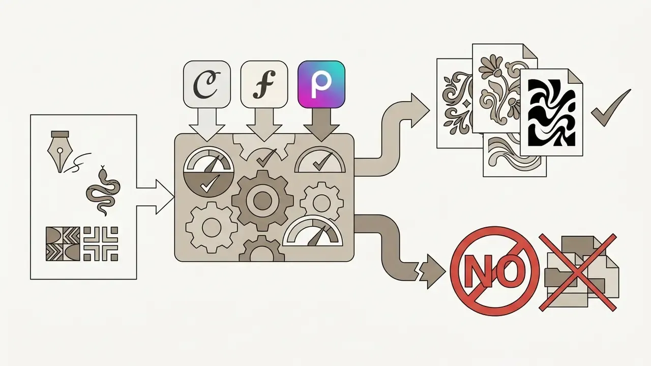Design inputs feeding into a gear processor to output decorative images while blocking font file exports