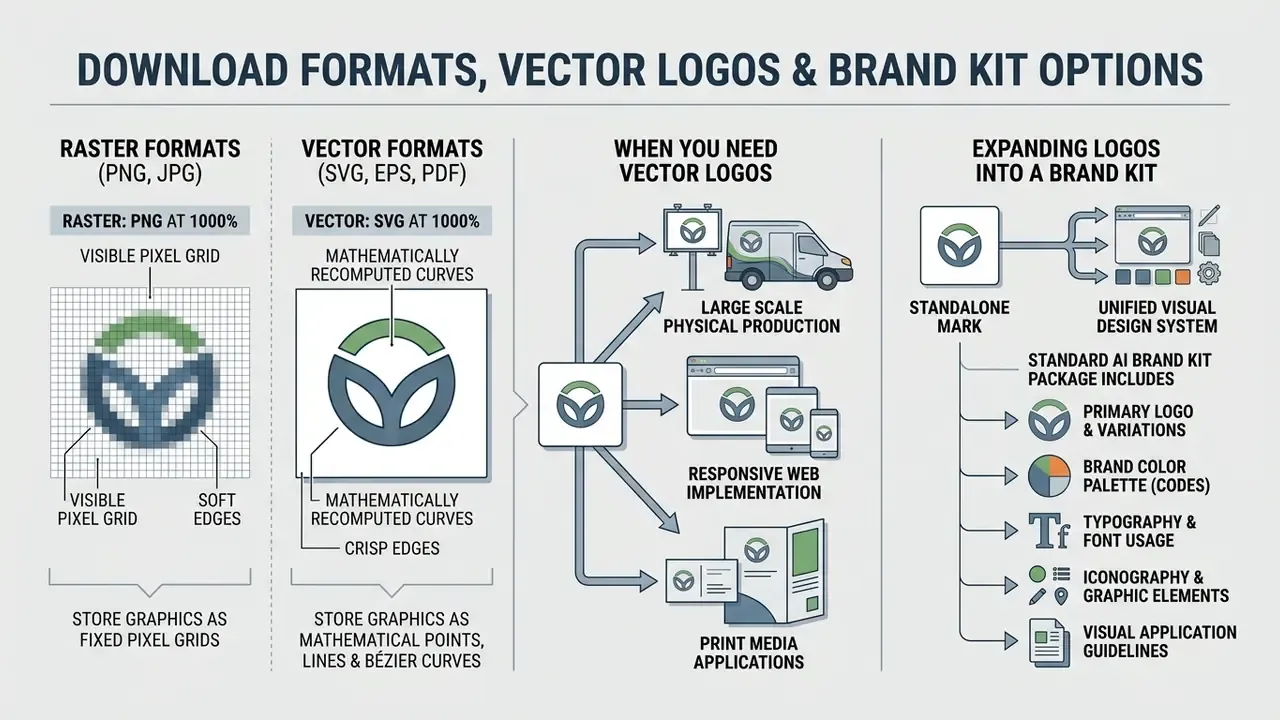 Comparison of raster and vector file formats alongside use cases for brand kits and logo scaling