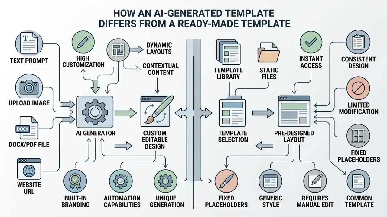 Comparative diagram contrasting the flexible workflows of an AI template generator with static layouts