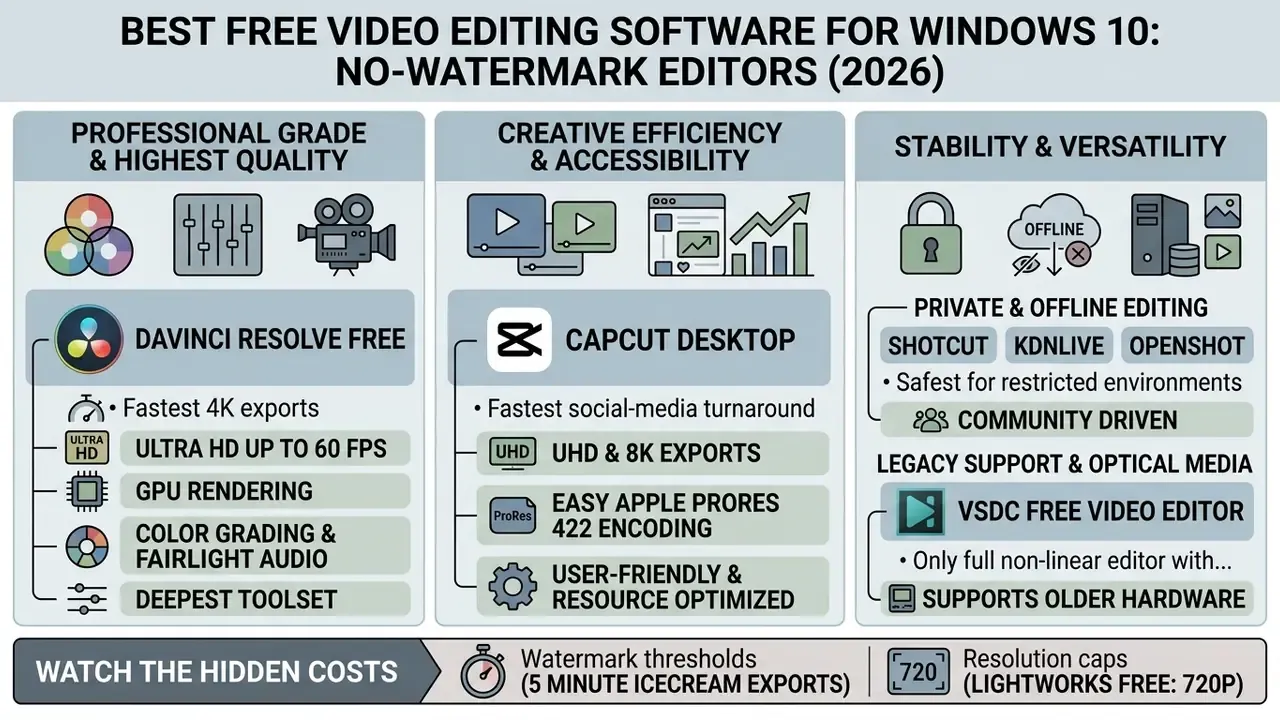 Infographic comparing free video editing software for Windows 10 by quality, efficiency, and stability