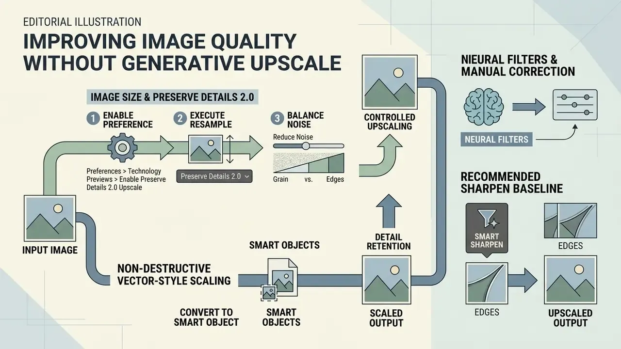 Flowchart detailing Photoshop techniques for image resizing using Smart Objects and manual filters