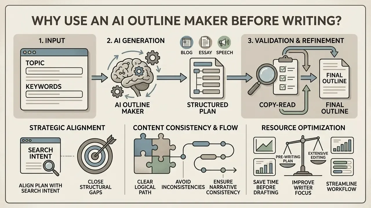Infographic illustrating a three-stage content planning process from input to validation and optimization