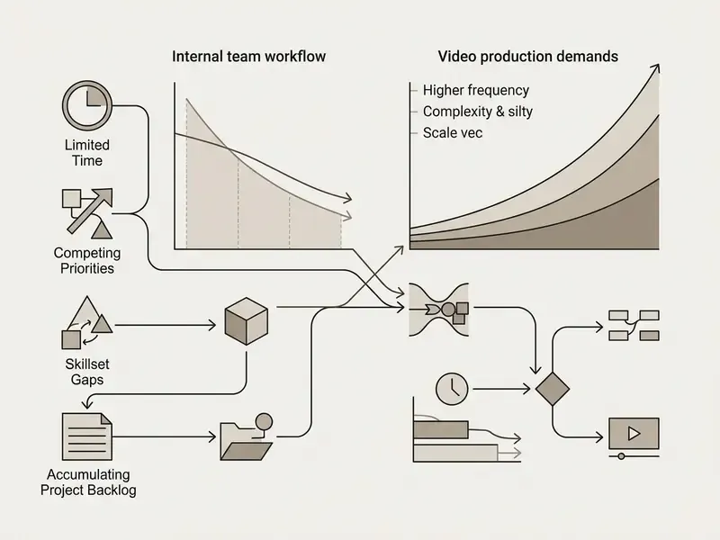 Diagram showing how internal team capacity constraints lead to a bottleneck in video production output