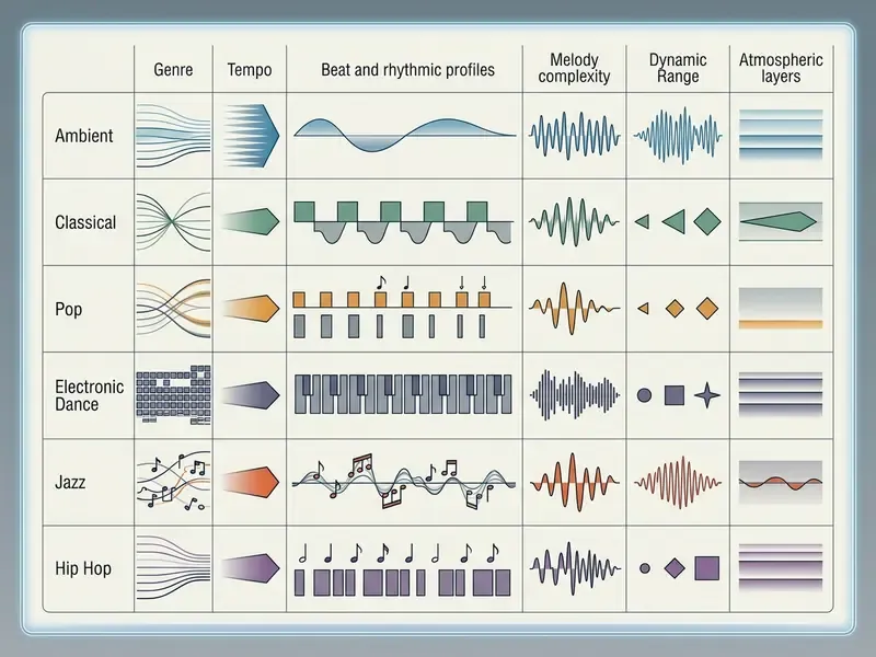 Comparison table mapping musical genres to their distinct tempo, rhythmic, and melodic characteristics