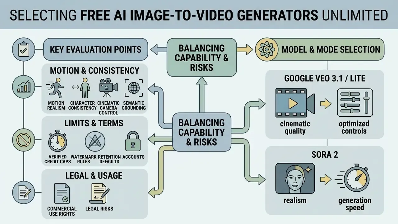 Decision framework mapping evaluation criteria against model selection for free AI image to video tools