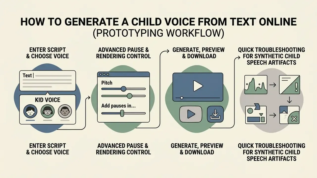 Step-by-step diagram showing the process to use an ai child voice generator from script input to download