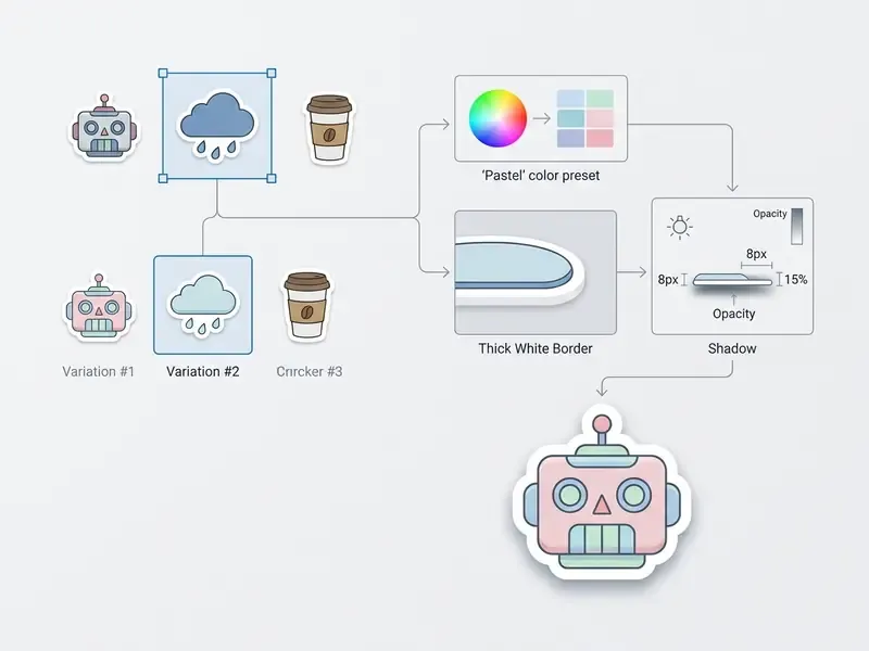 Diagram showing the refinement of a robot sticker using pastel colors, thick borders, and shadow settings