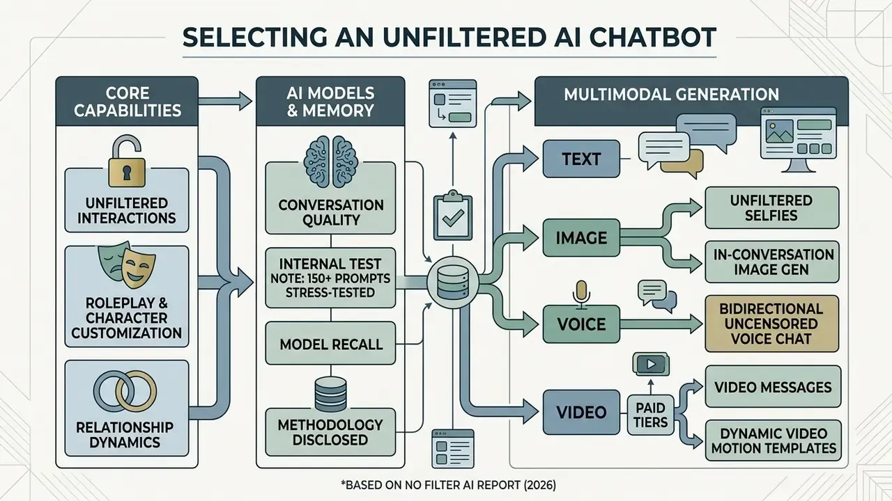 Diagram outlining key features of unrestricted chatbots including customization, memory, and media generation