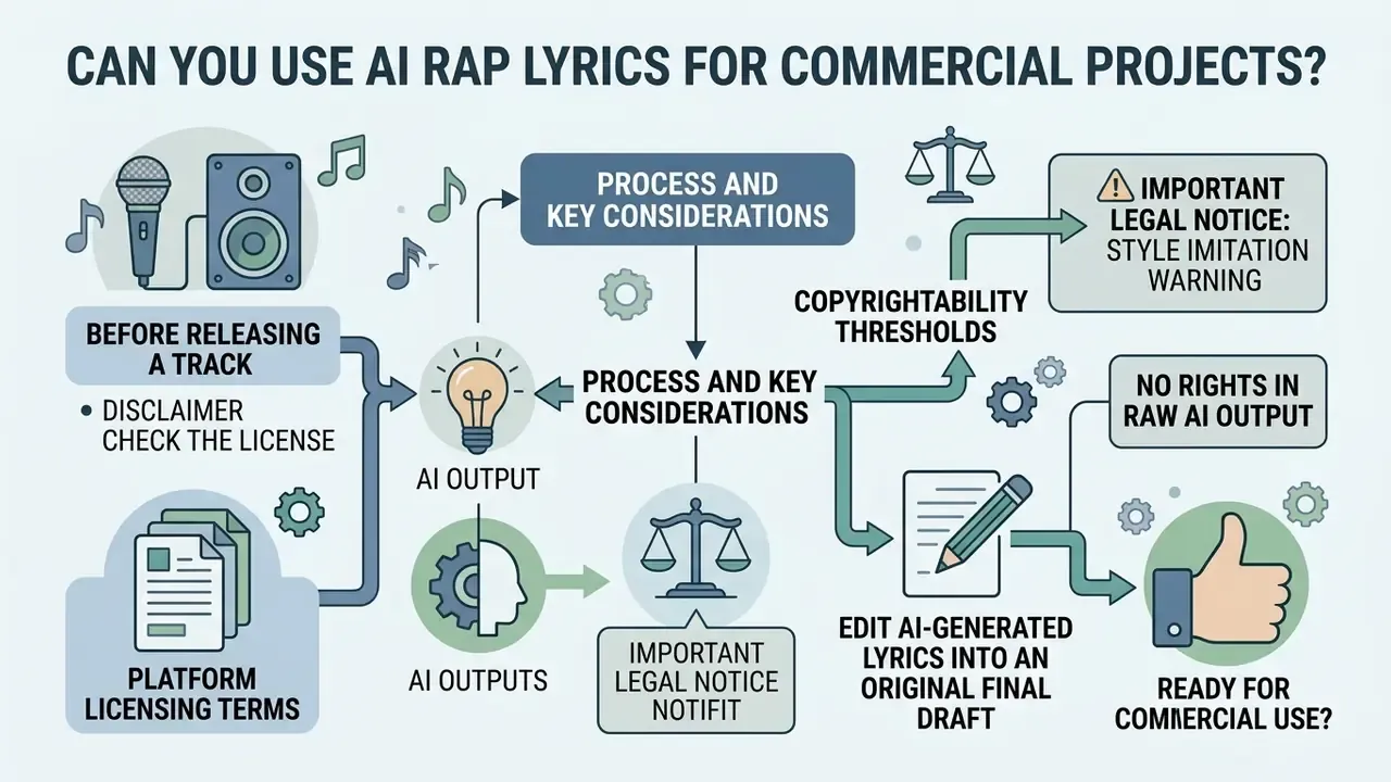 Flowchart summarizing legal considerations for using machine-generated music content in commercial work