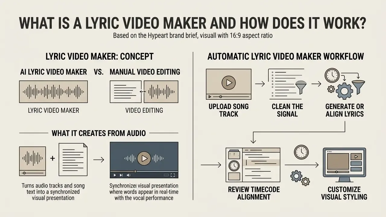 Infographic showing the concept and step-by-step workflow of an automated lyric video maker