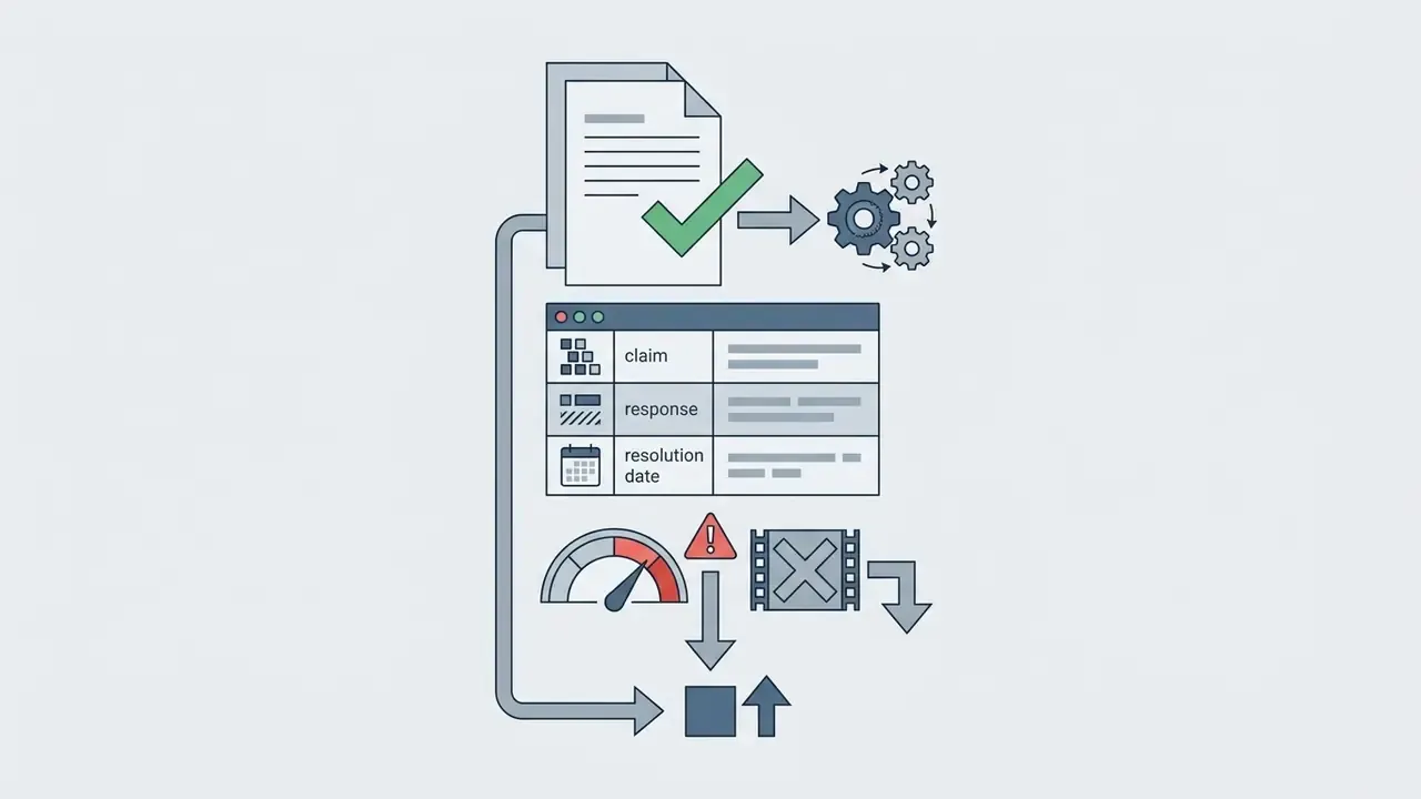 Document with a green checkmark feeding into a table of claim records and a video status indicator