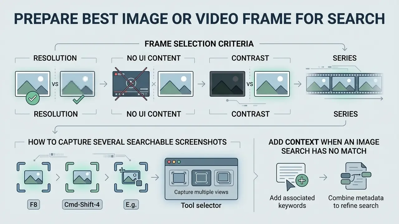 Infographic showing criteria for selecting video frames and methods to capture screenshots for search