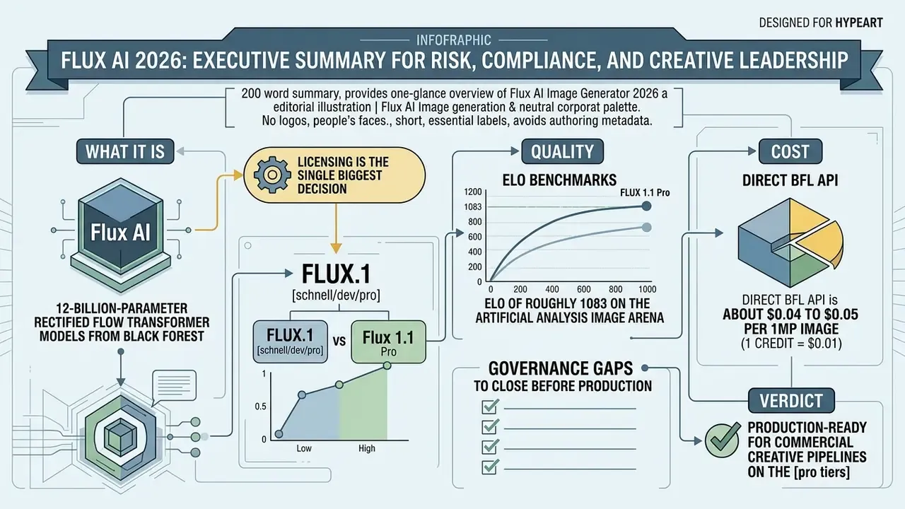 Infographic summarizing Flux AI models featuring sections on licensing, ELO quality benchmarks, and API costs