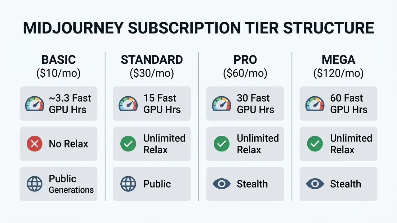 Table comparing Midjourney subscription tiers including Basic, Standard, Pro, and Mega plan features
