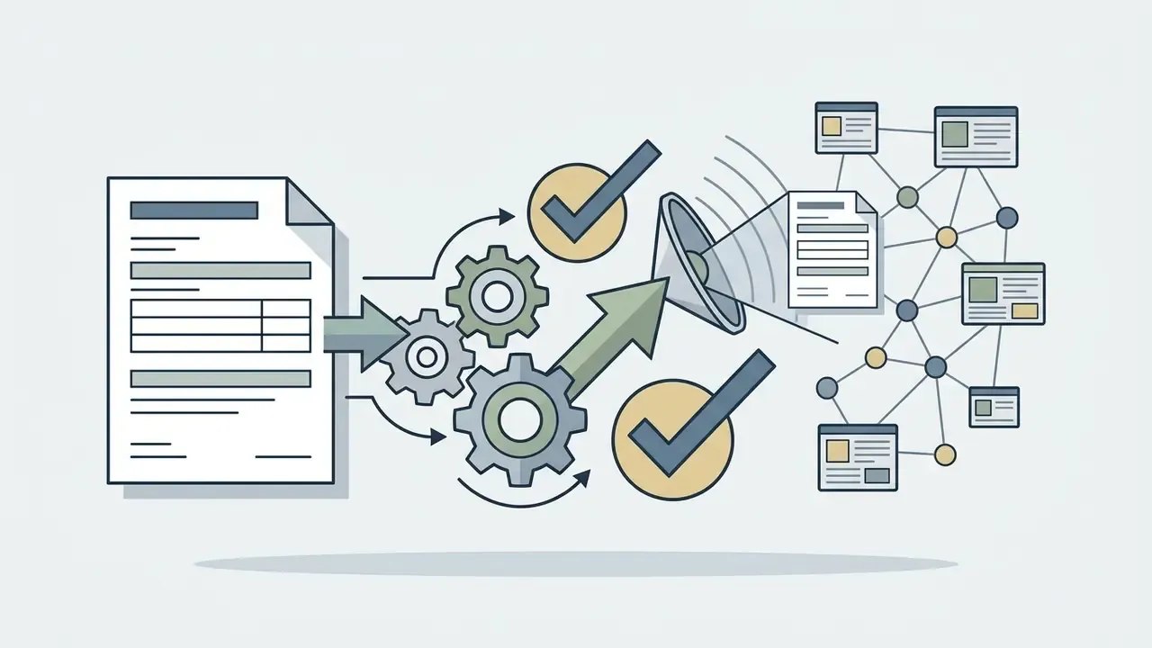 Job document moving through gears and a megaphone to reach a network of online job posting platforms