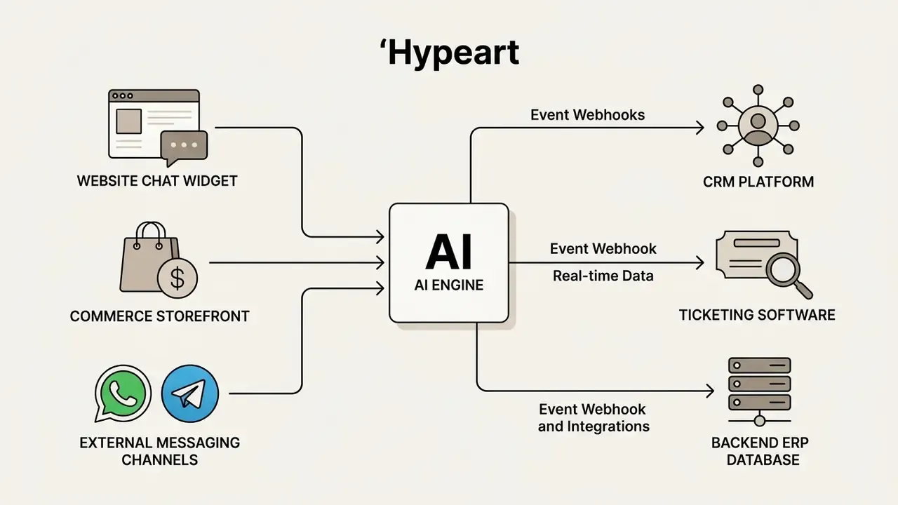 AI engine processing inputs from chat widgets and storefronts to update CRM and ERP systems via webhooks