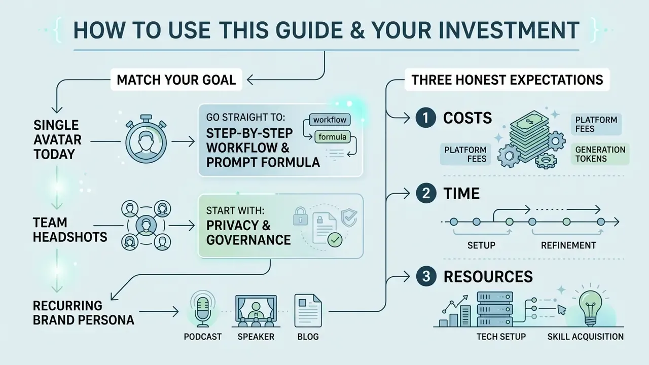 Flowchart mapping AI image goals to specific guide sections alongside cost, time, and resource expectations