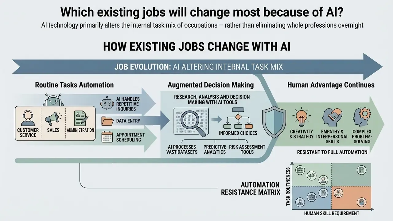 Infographic showing how AI shifts routine tasks to automation while augmenting decision making