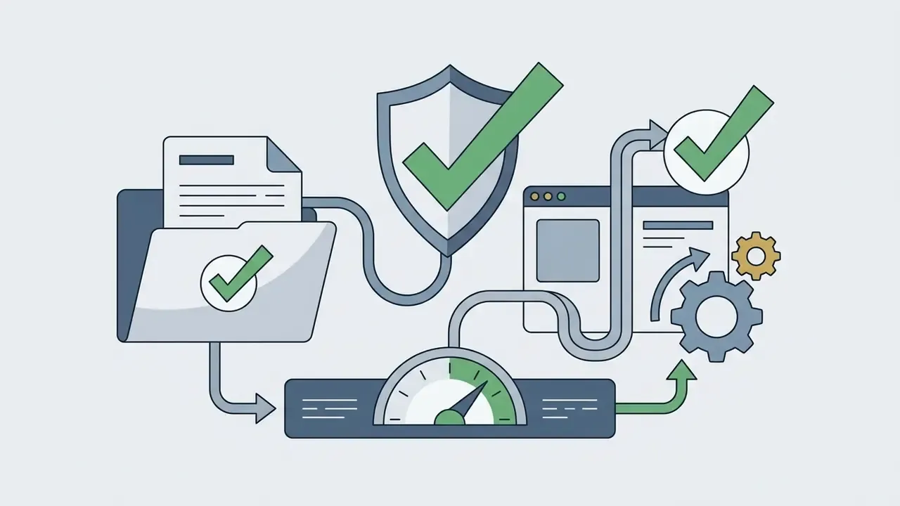 Folder with documents connected to a shield, a speedometer, and software interface with check marks