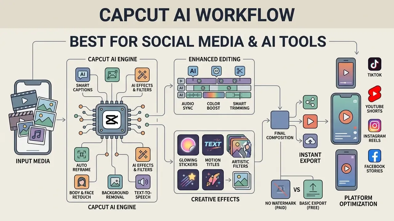 Diagram showing the CapCut AI workflow from input media through engine processing to social media export