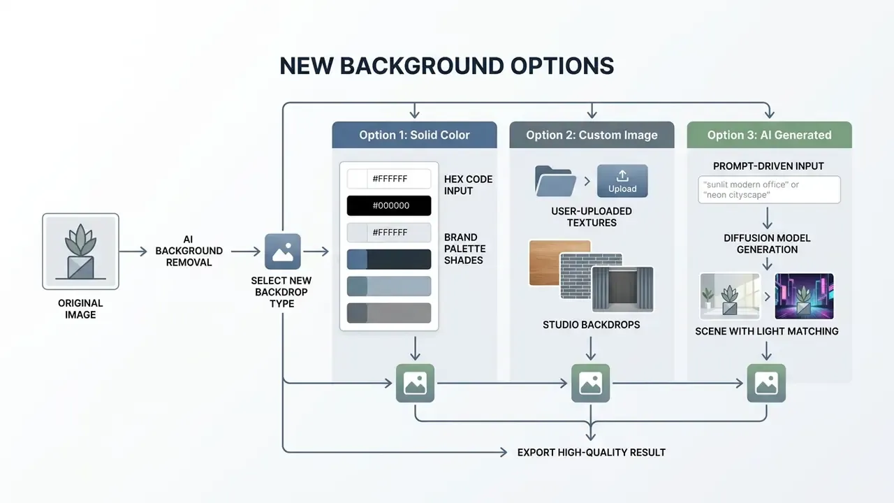 Diagram comparing solid colors, custom images, and AI generated scenes for how to change the background
