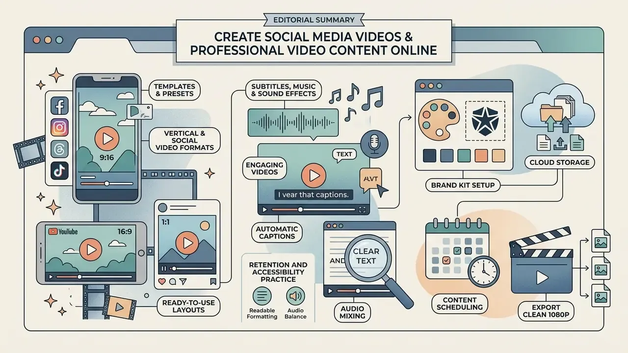 Diagram showing video editing features like templates, captions, audio mixing, and cloud storage