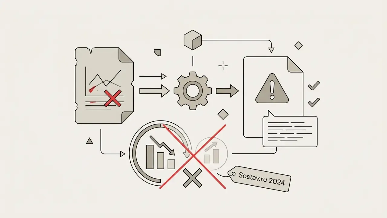 Document with a red cross moving through a gear processor into a warning file with an attributed citation