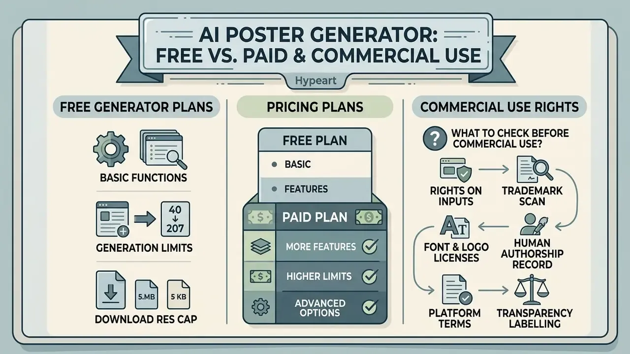 Comparison of free and paid design plans alongside a checklist for commercial usage rights