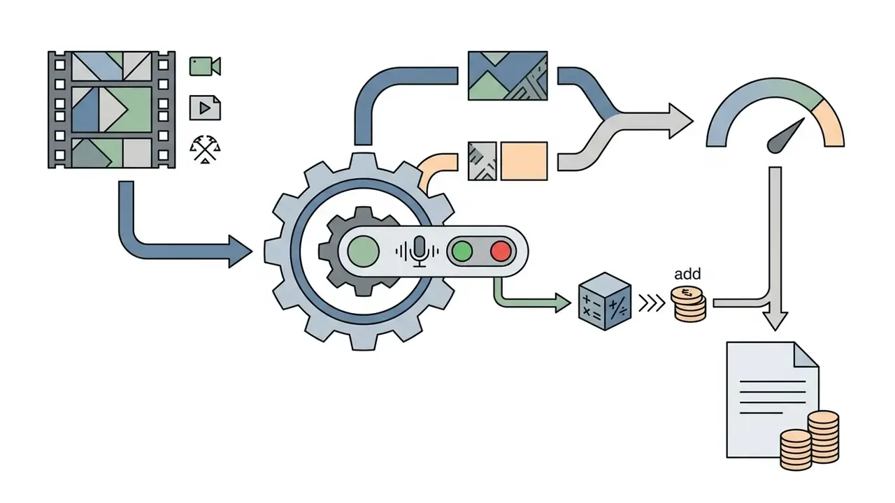 Voice toggle settings feeding into a gear mechanism to calculate Kling AI video generator credit costs