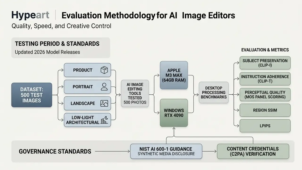 Diagram showing the testing methodology for AI image editors including dataset categories and metrics