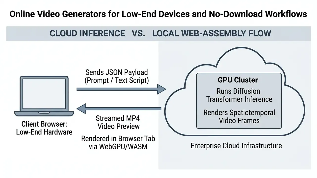 Diagram showing data exchange between a client browser and cloud infrastructure for video rendering