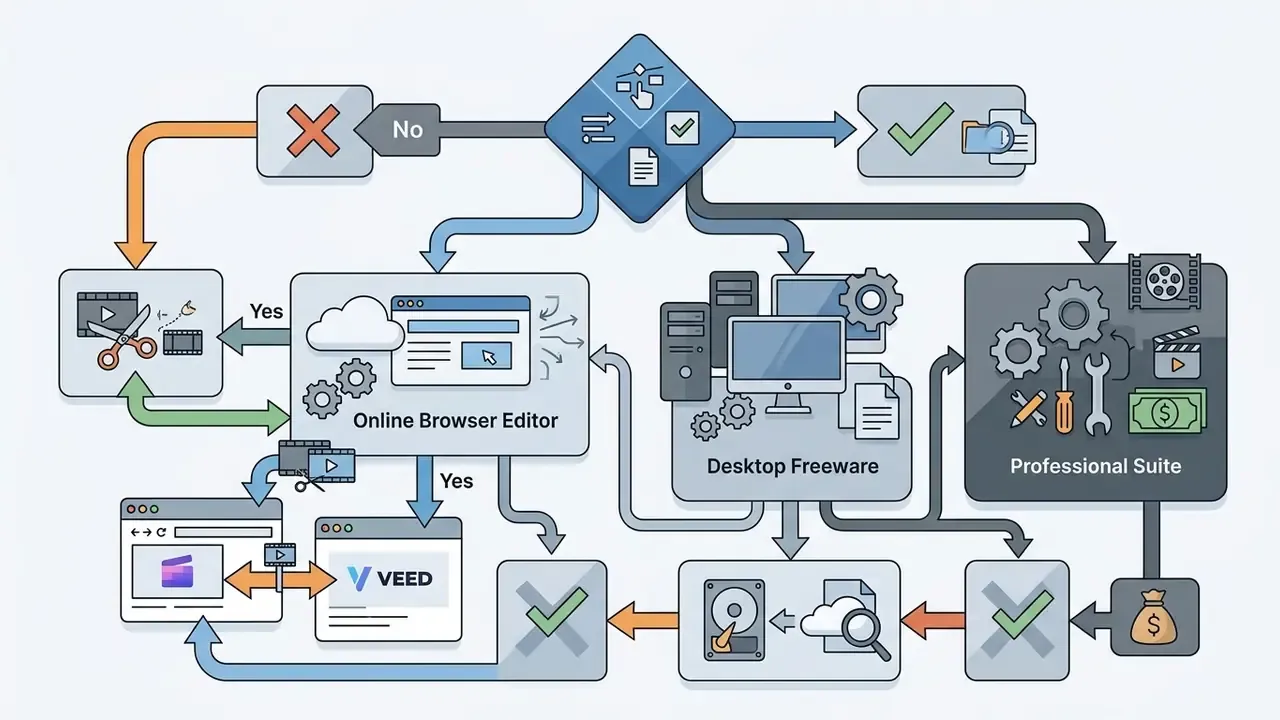Flowchart illustrating paths to choose between cloud tools, desktop software, and paid professional suites