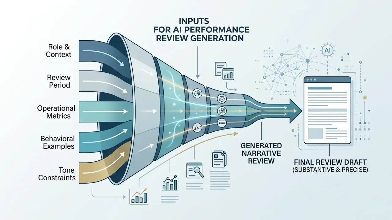 Funnel graphic showing operational data inputs converting into a structured AI performance review draft