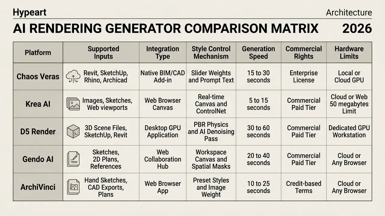 Matrix evaluating software platforms by input types, integration, style controls, speed, and hardware