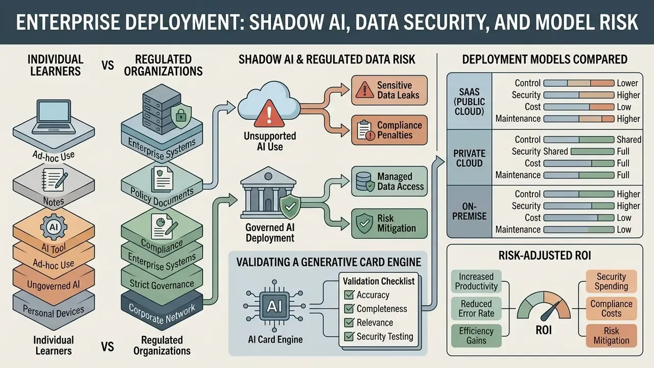 Comparison of individual and organizational AI deployment risks, governance models, and validation metrics