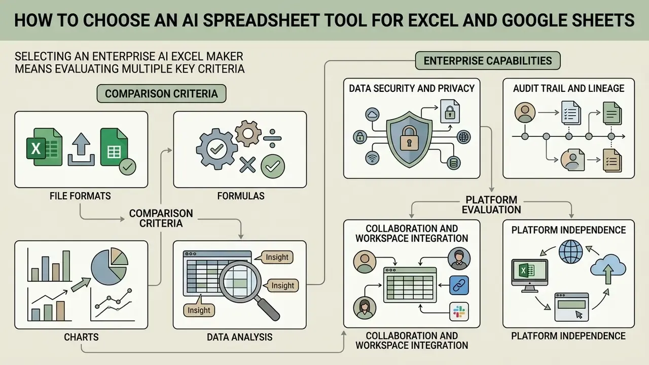 Infographic detailing evaluation criteria for enterprise software including security and collaboration