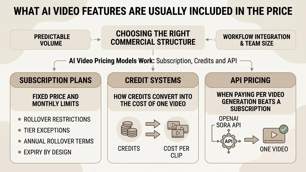 Diagram comparing subscription plans, credit systems, and API pricing models for AI video generation