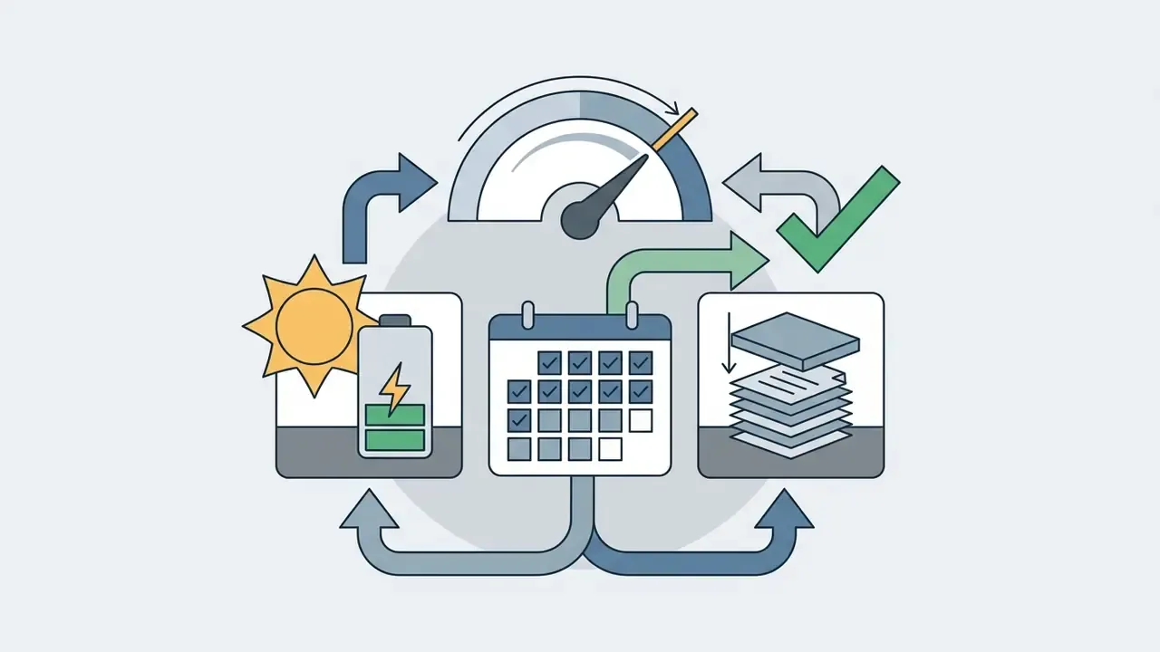 Circular process flow showing a battery, a marked calendar, and a stack of documents with a speed gauge