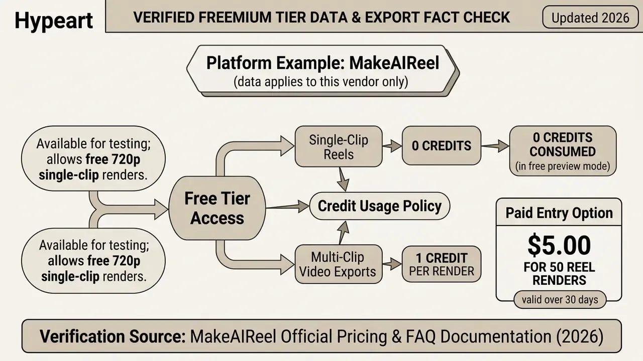 Flowchart showing free tier credit usage and paid subscription options for the MakeAIReel platform