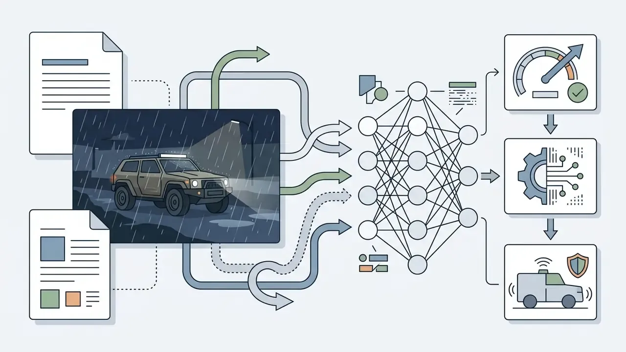 Data and a rainy car scene feeding into a neural network to produce optimized autonomous vehicle outputs
