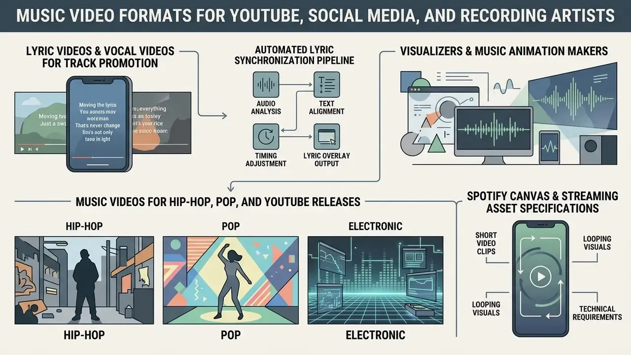 Infographic detailing lyric synchronization, visualizer creation, genre-specific styles, and streaming assets