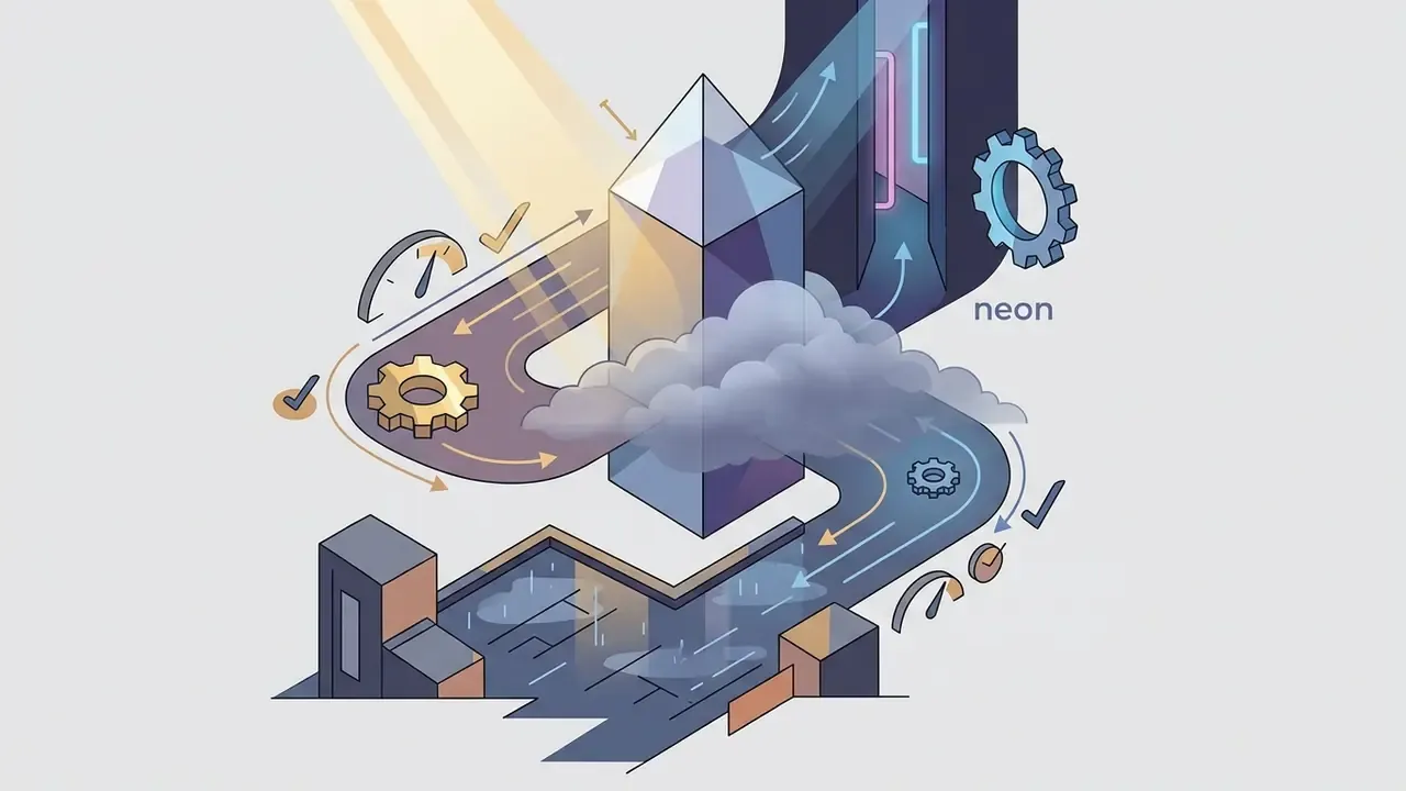 Isometric path winding through a central pillar with gears, clouds, and neon light elements