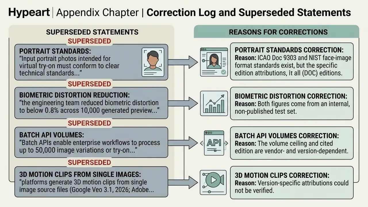 Table comparing superseded technical statements with their respective reasons for correction