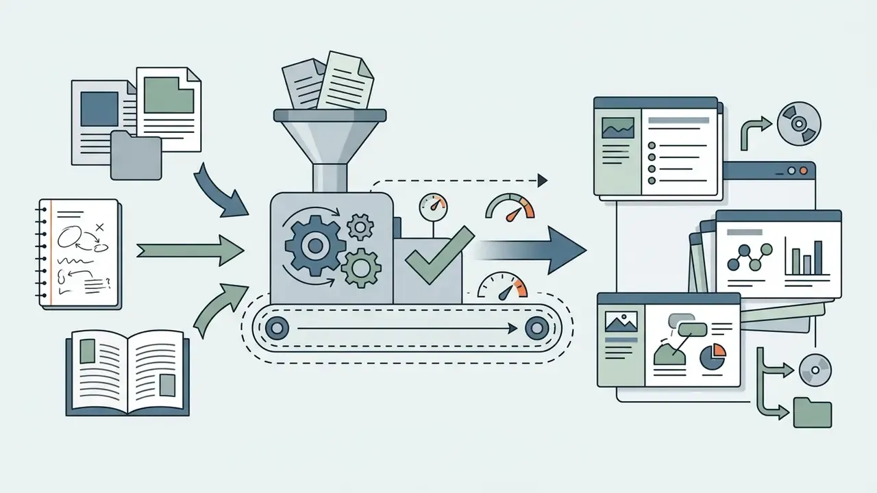 Notes and textbooks feeding into a mechanical processor to generate structured presentation slide layouts