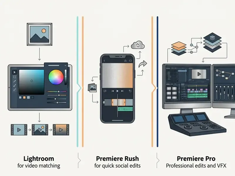Comparison diagram showing distinct workflows for Adobe video editing applications on different devices